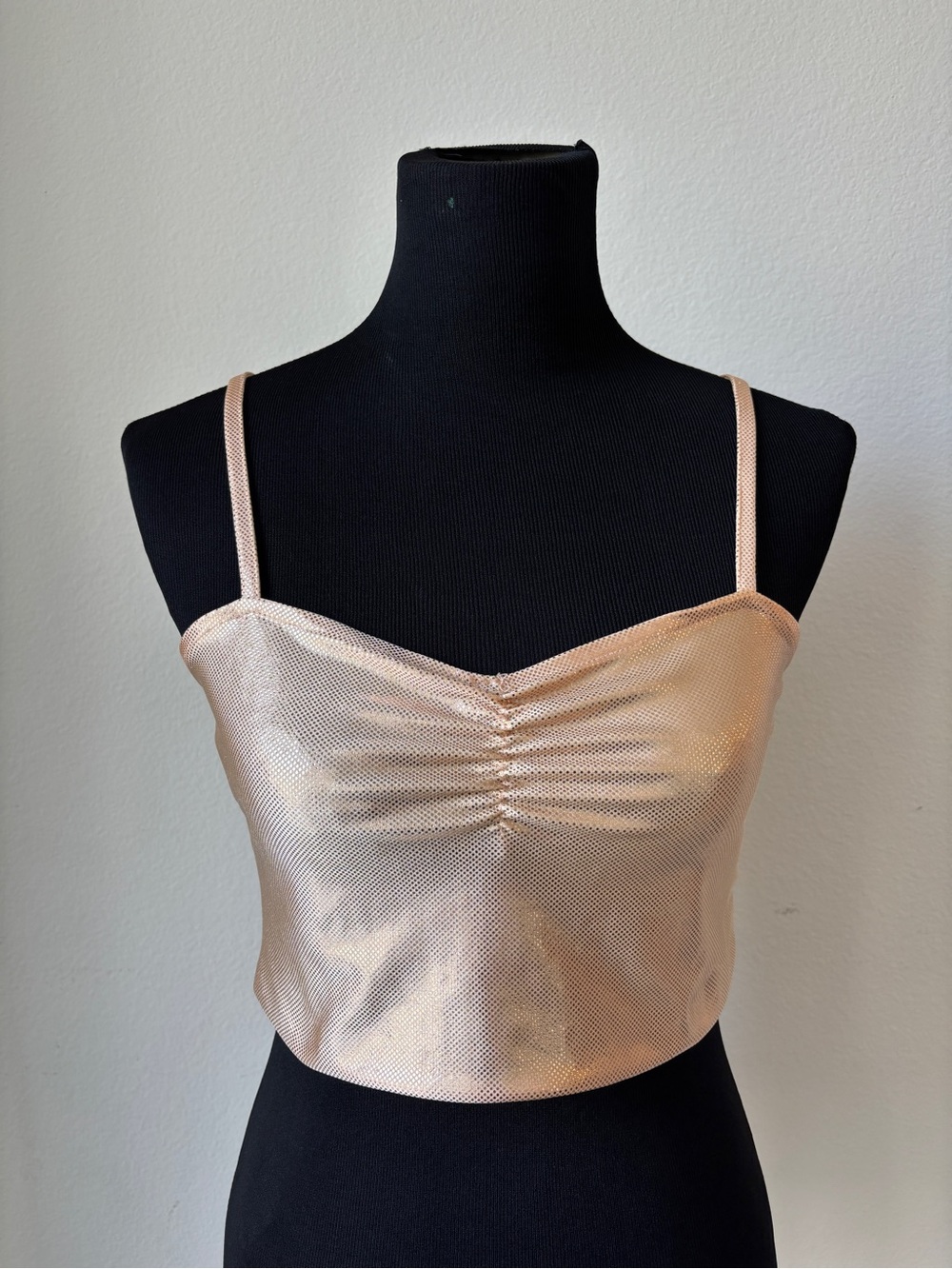 Forever 21 Ruched Satin-Like Spaghetti Strap Crop Top in Champagne
